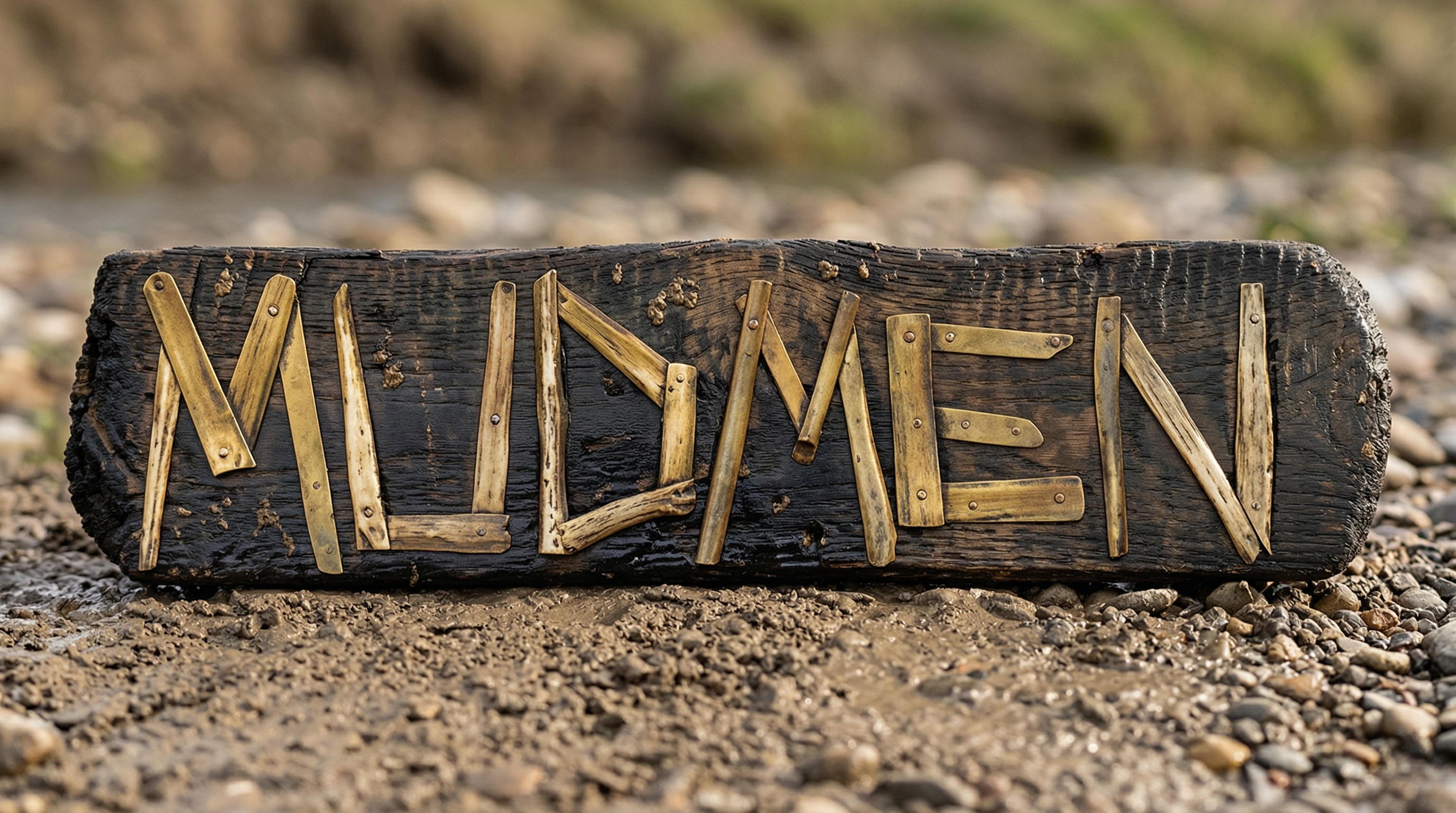 Mud Men logo spelled out in metal letters on a piece of driftwood