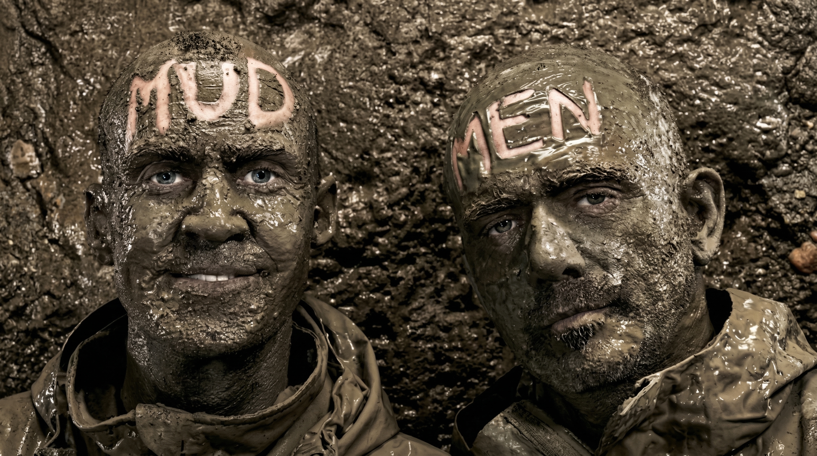 Steve Brooker and co-presenter, faces covered in Thames mud with MUD MEN written on their foreheads